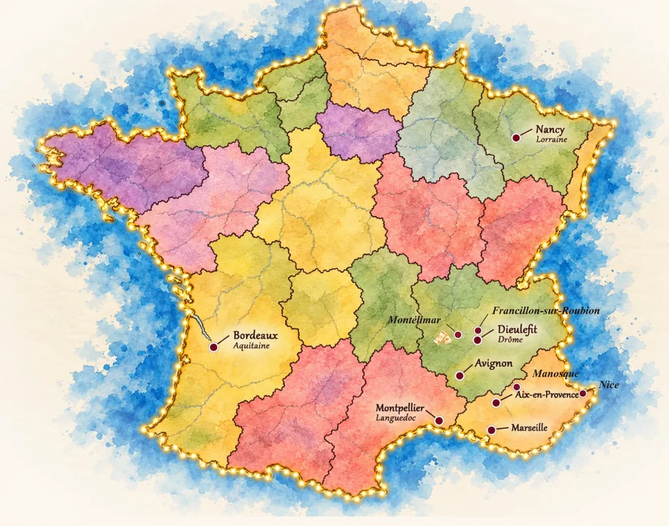 Gemalte Frankreichkarte mit Lichterkette. Markiert sind Nancy, Bordeaux, Montpellier, Montélimar mit einem Stück Nougat, Francillon-sur-Roubion, Dieulefit, Avignon, Manosque, Nice, Aix-en-Provence und Marseille.